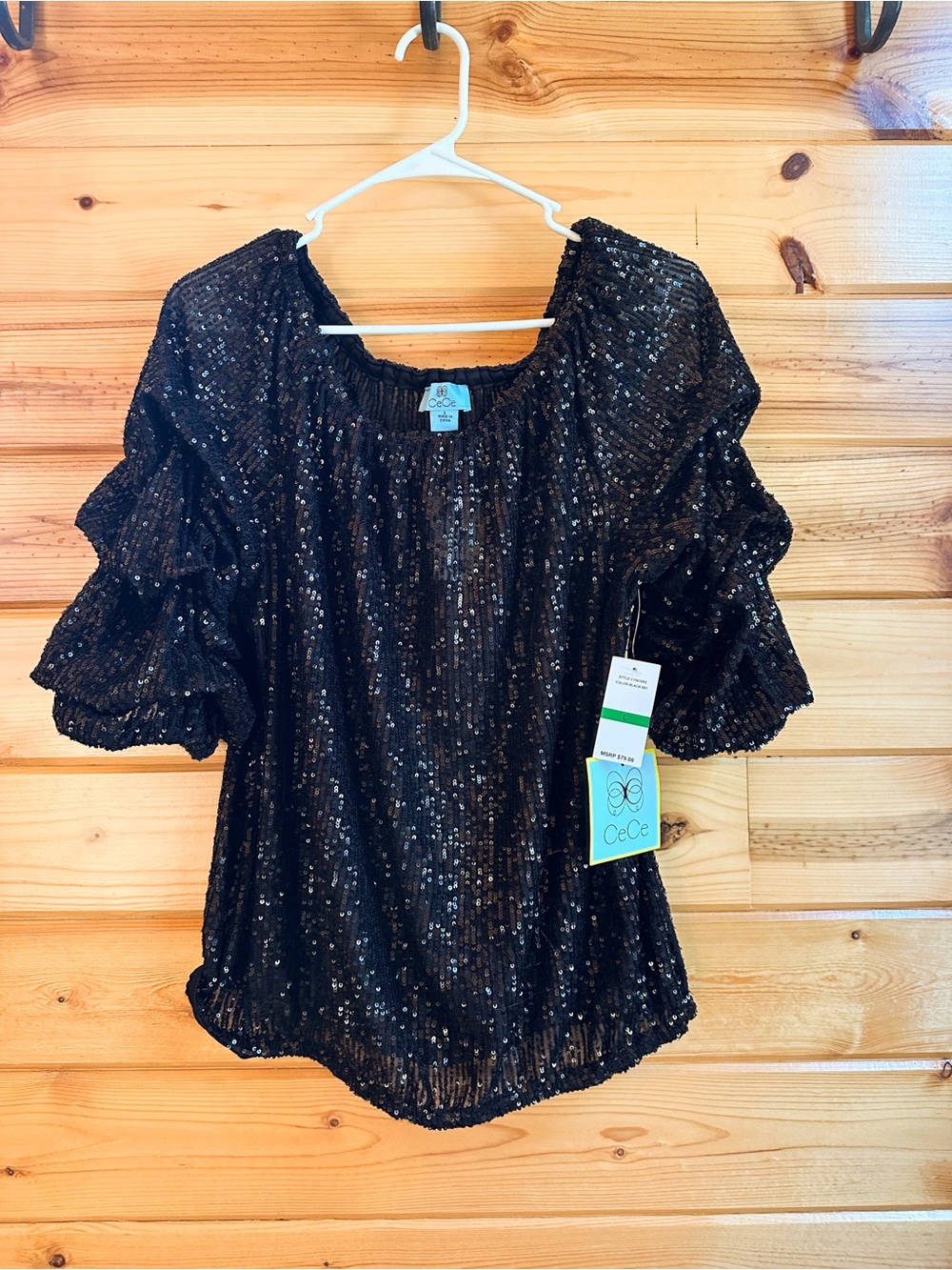 CeCe Black Sequin Ruffle-Sleeve Scoop Neck Blouse NWT